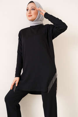 Yırtmaçları Zincir Püsküllü Bürümcük İkili Takım Siyah - İKİLİ TAKIM