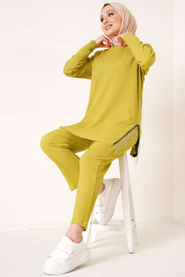 Yırtmaçları Zincir Püsküllü Bürümcük İkili Takım Yağ Yeşili 