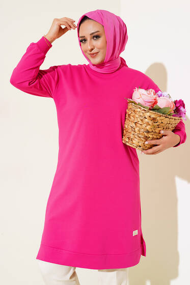 Yırtmaçlı Arma Detaylı Büyük Beden Tunik Fuşya - Tunik