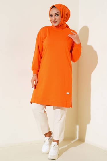Yırtmaçlı Arma Detaylı Büyük Beden Tunik Oranj - Tunik