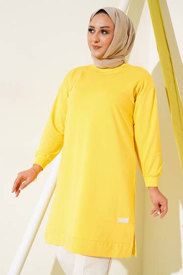 Yırtmaçlı Arma Detaylı Büyük Beden Tunik Sarı - Tunik
