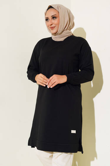 Yırtmaçlı Arma Detaylı Büyük Beden Tunik Siyah - Tunik