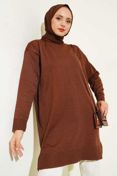 Yırtmaçlı Basic Triko Tunik Kahve - Tunik