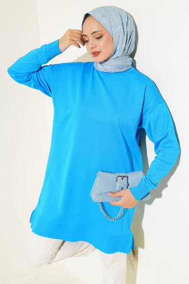 Yırtmaçlı Basic Triko Tunik Mavi - Tunik