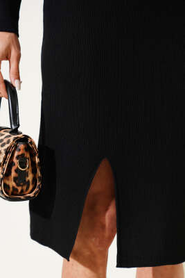 Yırtmaçlı Bel Lastikli Midi Triko Etek Siyah - Kadın Giyim Modelleri