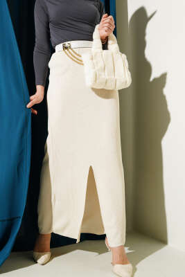 Yırtmaçlı Bel Lastikli Triko Etek Bej - Uzun Etek