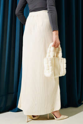 Yırtmaçlı Bel Lastikli Triko Etek Bej - Uzun Etek