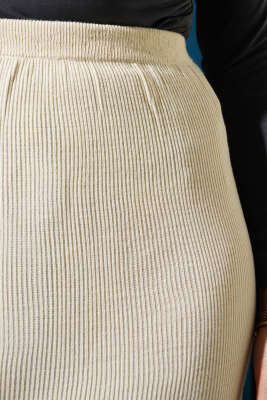 Yırtmaçlı Bel Lastikli Triko Etek Bej - Uzun Etek