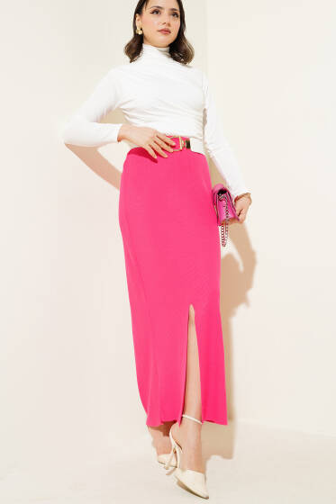 Yırtmaçlı Bel Lastikli Triko Etek Fuşya - Uzun Etek