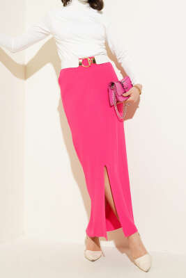 Yırtmaçlı Bel Lastikli Triko Etek Fuşya - Uzun Etek