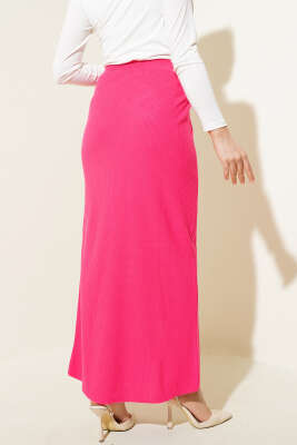 Yırtmaçlı Bel Lastikli Triko Etek Fuşya - Uzun Etek