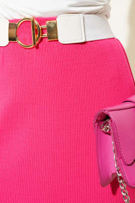 Yırtmaçlı Bel Lastikli Triko Etek Fuşya - Uzun Etek