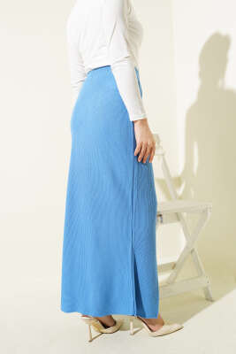 Yırtmaçlı Bel Lastikli Triko Etek İndigo - Uzun Etek