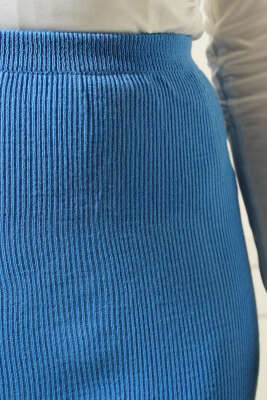 Yırtmaçlı Bel Lastikli Triko Etek İndigo - Uzun Etek