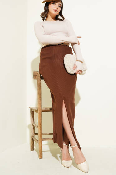Yırtmaçlı Bel Lastikli Triko Etek Kahve - Kadın Giyim Modelleri