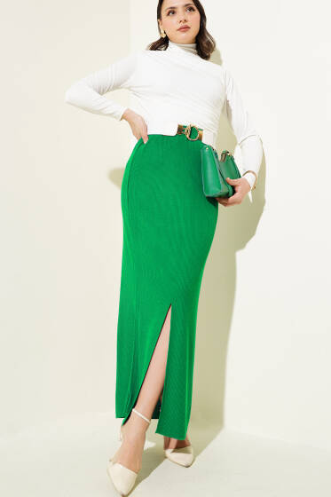 Yırtmaçlı Bel Lastikli Triko Etek Zümrüt - Kadın Giyim Modelleri