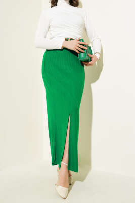 Yırtmaçlı Bel Lastikli Triko Etek Zümrüt - Uzun Etek