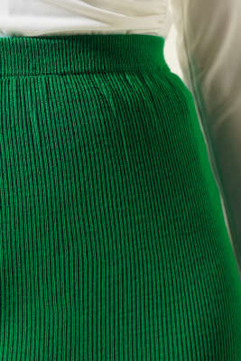 Yırtmaçlı Bel Lastikli Triko Etek Zümrüt - Uzun Etek