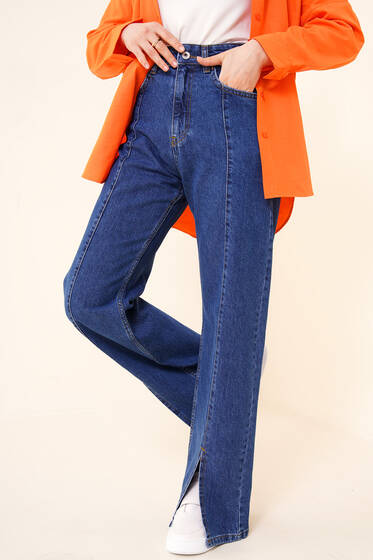 Yırtmaçlı Bol Paça Jean Pantolon Kot Mavisi - Kot Pantolon