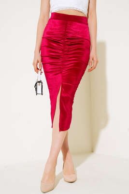 Yırtmaçlı Büzgülü Kadife Etek Fuşya - TİLLE