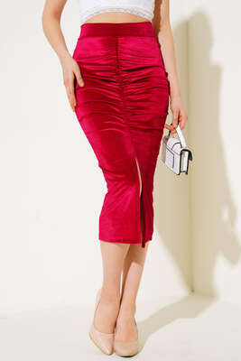 Yırtmaçlı Büzgülü Kadife Etek Fuşya - Kadın Giyim Modelleri