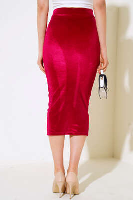 Yırtmaçlı Büzgülü Kadife Etek Fuşya - Kadın Giyim Modelleri
