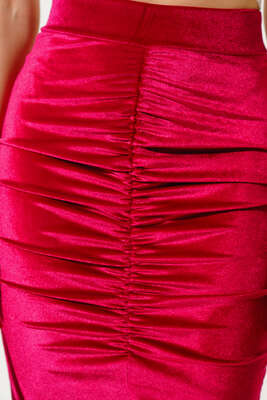 Yırtmaçlı Büzgülü Kadife Etek Fuşya - Kadın Giyim Modelleri