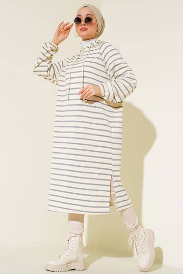 Yırtmaçlı Çizgili Tunik Gri - Tunik