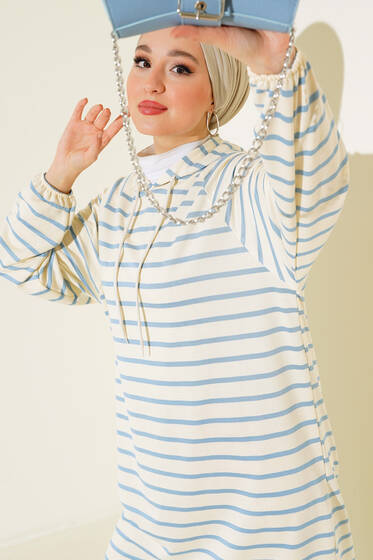 Yırtmaçlı Çizgili Tunik İndigo - Tunik