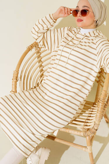 Yırtmaçlı Çizgili Tunik Latte - Tunik