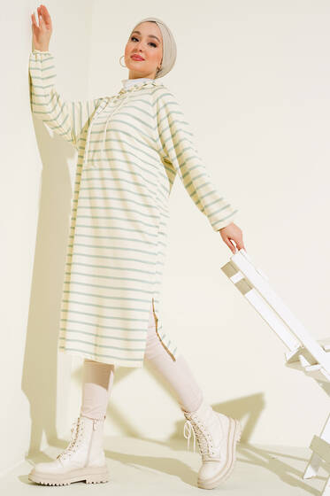 Yırtmaçlı Çizgili Tunik Mint - Tunik