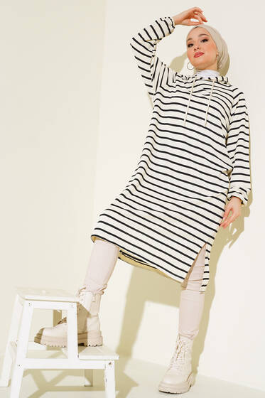 Yırtmaçlı Çizgili Tunik Siyah - Tunik