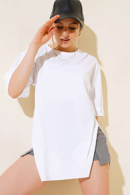 Yırtmaçlı Duble Kol T-shirt Beyaz - Thumbnail