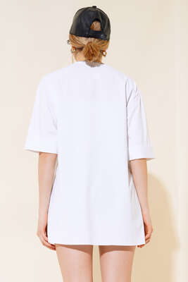 Yırtmaçlı Duble Kol T-shirt Beyaz - Thumbnail