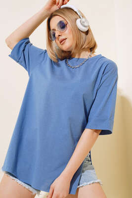 Yırtmaçlı Duble Kol T-shirt İndigo 