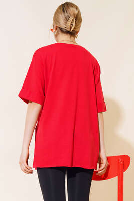 Yırtmaçlı Duble Kol T-shirt Kırmızı - Thumbnail