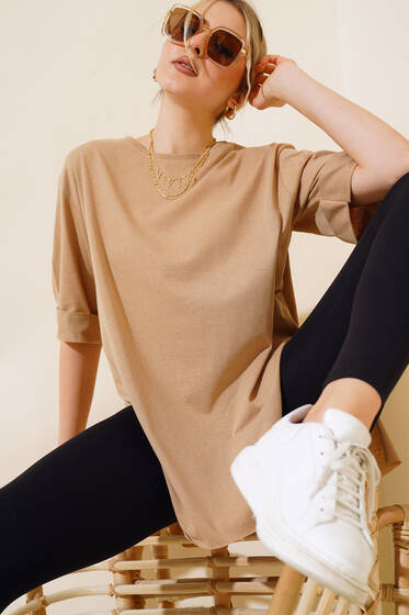 Yırtmaçlı Duble Kol T-shirt Latte - Kadın Giyim Modelleri