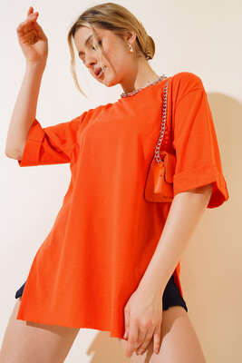 Yırtmaçlı Duble Kol T-shirt Oranj 