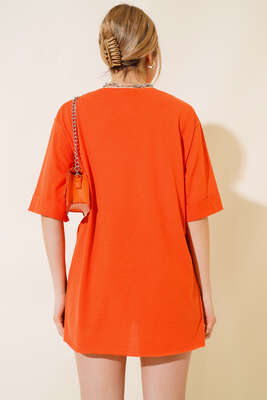 Yırtmaçlı Duble Kol T-shirt Oranj - Thumbnail