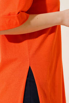 Yırtmaçlı Duble Kol T-shirt Oranj - Thumbnail