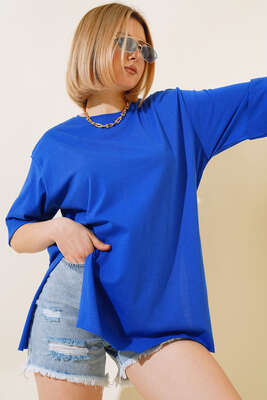 Yırtmaçlı Duble Kol T-shirt Saks - Kadın Giyim Modelleri