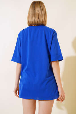 Yırtmaçlı Duble Kol T-shirt Saks - Kadın Giyim Modelleri