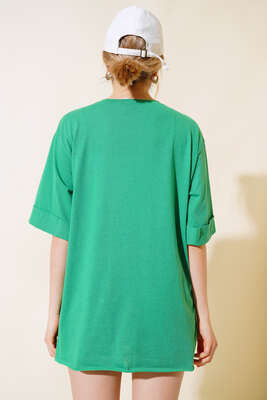 Yırtmaçlı Duble Kol T-shirt Yeşil - Thumbnail