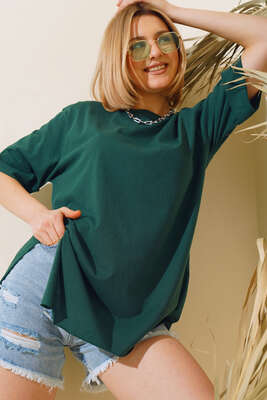 Yırtmaçlı Duble Kol T-shirt Zümrüt Yeşili - Thumbnail