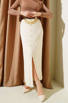 Yırtmaçlı Düğme Detaylı Triko Etek Bej - Uzun Etek