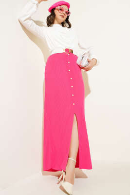 Yırtmaçlı Düğme Detaylı Triko Etek Fuşya