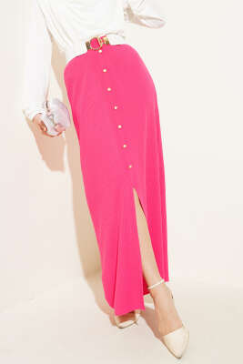 Yırtmaçlı Düğme Detaylı Triko Etek Fuşya - Uzun Etek