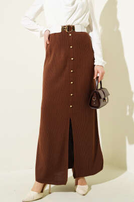 Yırtmaçlı Düğme Detaylı Triko Etek Kahve - Uzun Etek