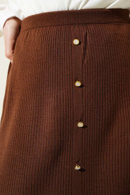 Yırtmaçlı Düğme Detaylı Triko Etek Kahve - Uzun Etek