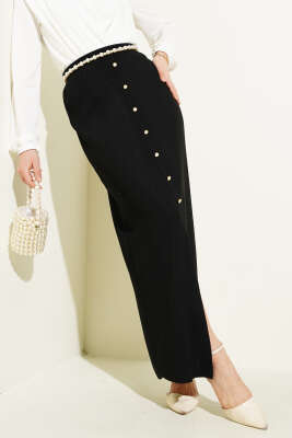 Yırtmaçlı Düğme Detaylı Triko Etek Siyah - Uzun Etek